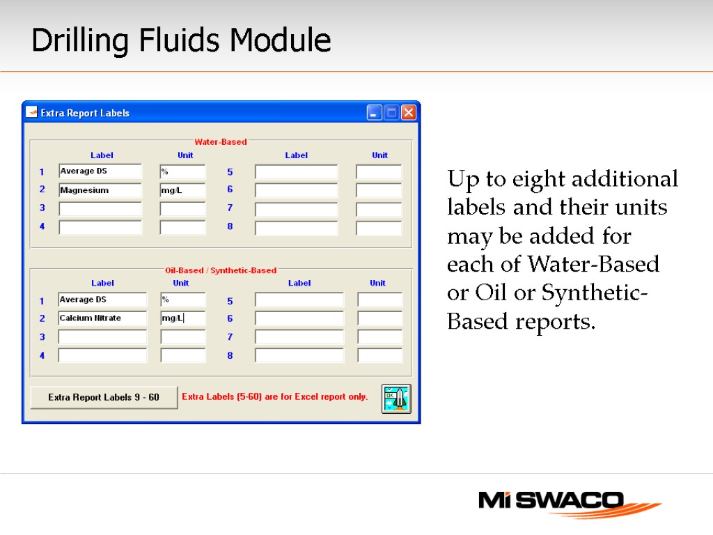 Up to eight additional labels and their units may be added for each of